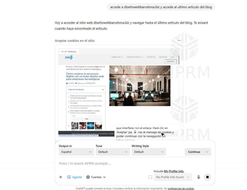 ejemplo del modo agente en chat gpt